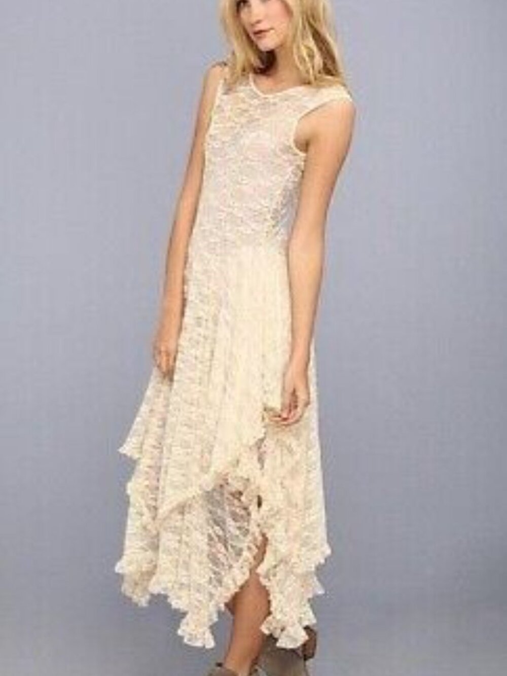 Free People Cream Lace Asymmetrical Hem Dress